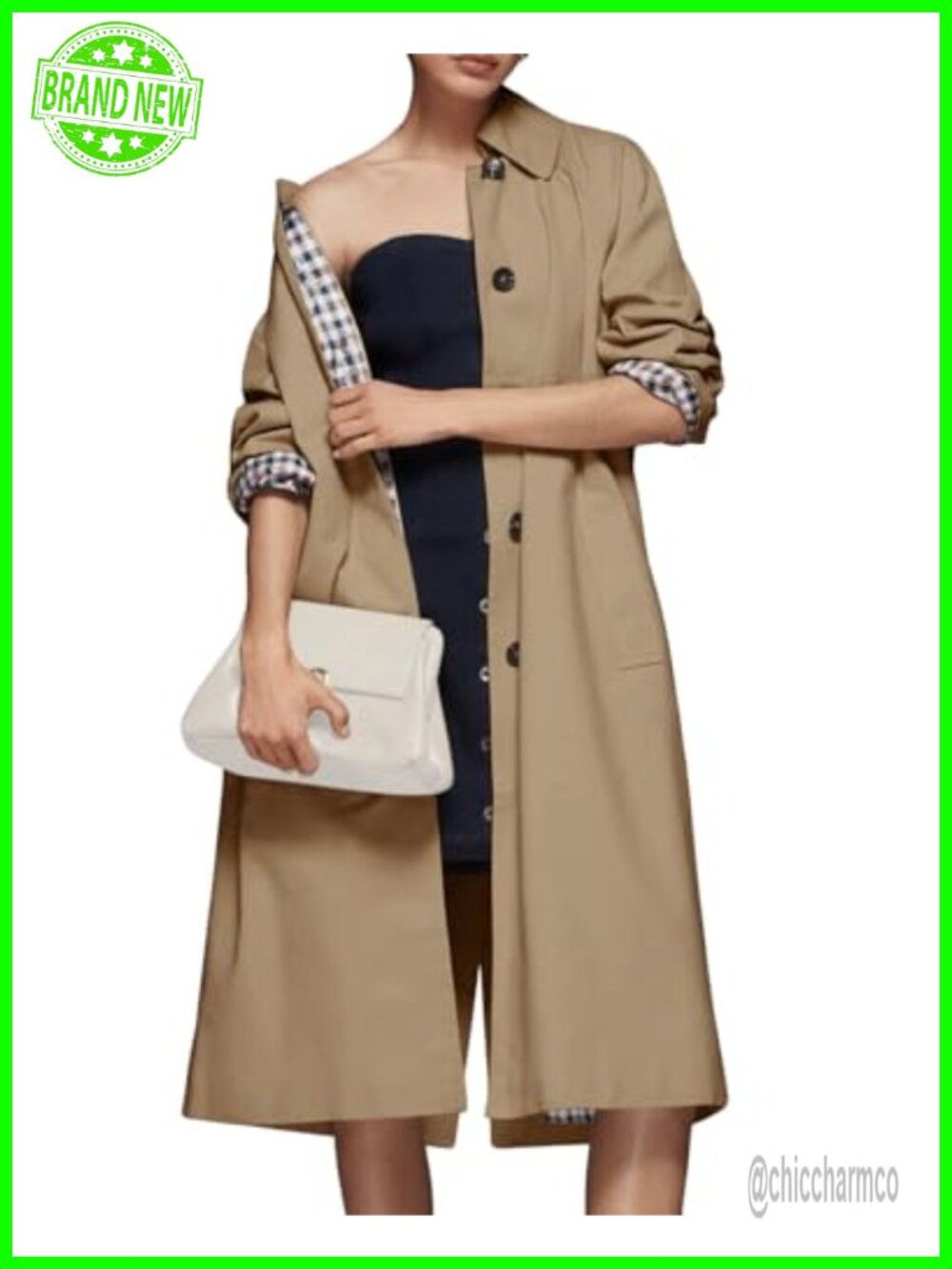Womens Long Trench Coat Single Breasted Lapel Plaid Lined Oversized Windproof